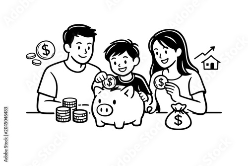 Family saving money in piggy bank for future financial security with investment financial security planning insurance management spending parenting childhood prosperity