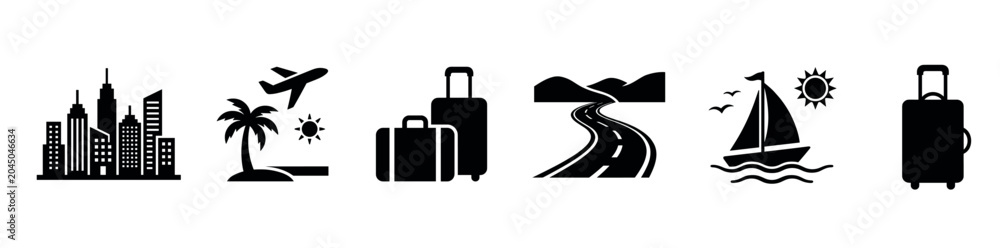 Obraz premium Travel and tourism black silhouette icon set featuring city skyline, tropical beach, luggage, mountain road, sailboat, and suitcase for vacation planning and trip navigation