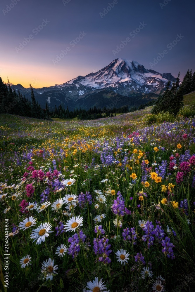 Obraz premium Wildflower meadow in front of Mount Rainier during sunset
