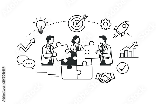 Business team putting together puzzle pieces conceptual hand drawn illustration for collaboration and strategic planning with business collaboration teamwork strategy planning management