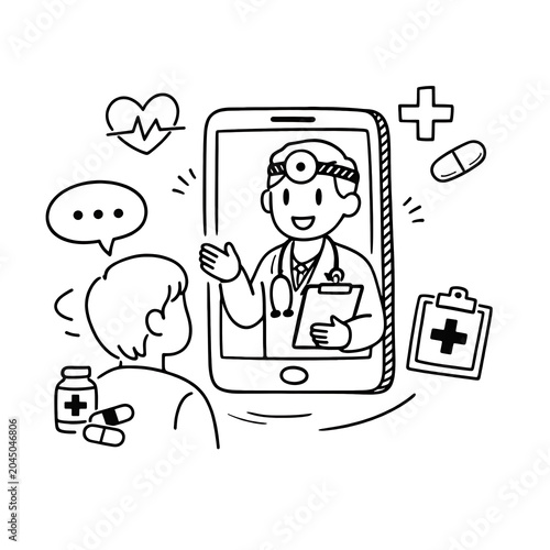 Telemedicine concept hand drawn illustration of patient having online consultation with doctor via mobile phone telemedicine consultation smartphone healthcare appointment medicine prescription