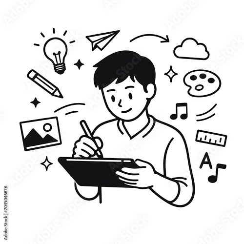 Creative young man drawing on digital tablet with stylus surrounded by hobby icons creative illustration technology creativity painting photography education learning innovation lifestyle