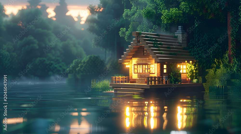 Fototapeta premium Tranquil lakeside cabin in misty forest at sunset with reflective water surface