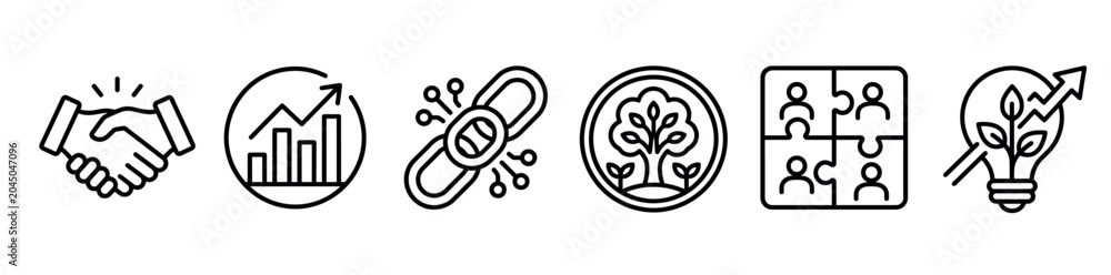 Fototapeta premium Business and sustainability line icon set including handshake growth chart blockchain link tree environment teamwork puzzle and green energy light bulb for corporate strategy