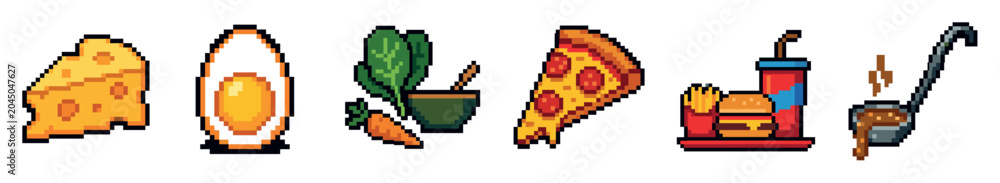 Obraz premium Pixel art food icons set including cheese, boiled egg, salad, pepperoni pizza, fast food burger combo, and a ladle of hot soup
