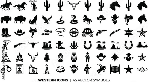 Foto Collection of western icons and symbols in black silhouette on white background