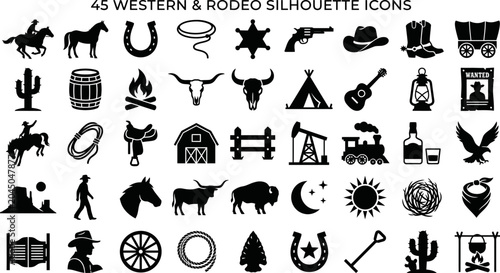 Quadro su tela Western and rodeo icons set with silhouettes of animals and objects  cowboy cult