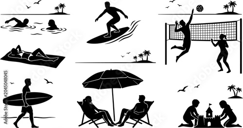 Photography Beach vacation and summer activities with people silhouettes  surfing volleyball