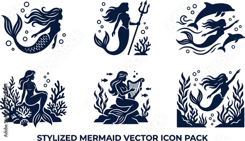 Bild auf Leinwand stylized mermaid vector icons set with various poses and sea creatures and plant