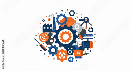 Industrial Manufacturing and Engineering Concept Flat Vector Illustration with Gears, Factory, Motor, and Tools