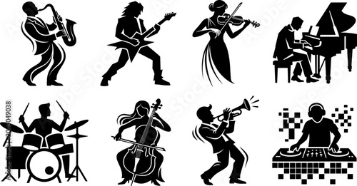 Bild auf Leinwand Musician black silhouettes set featuring performers playing saxophone guitar violin piano drums cello trumpet and dj mixer deck in image_a3463f