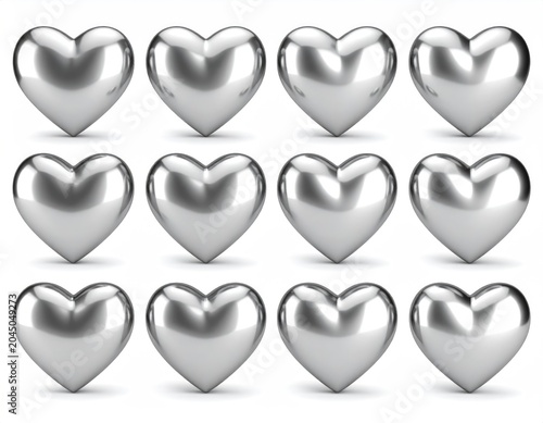 Twelve shiny metallic heart shapes arranged in rows