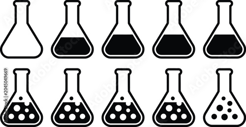 Foto Erlenmeyer flask, icon set, laboratory chemical glassware symbols for chemistry