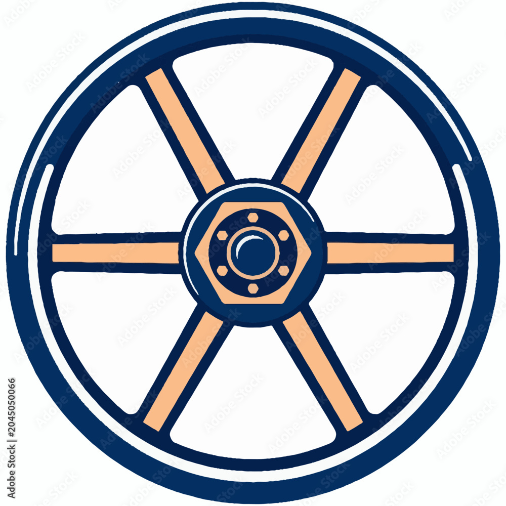 Obraz premium Stylized vector illustration of a vintage mechanical wheel with spokes and central nut.