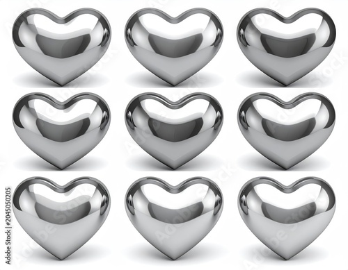 Nine shiny, metallic heart shapes arranged in a 3x3 grid