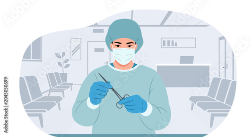 Surgeon in Mask and Scrubs Holding Surgical Instruments in Hospital Waiting Room
