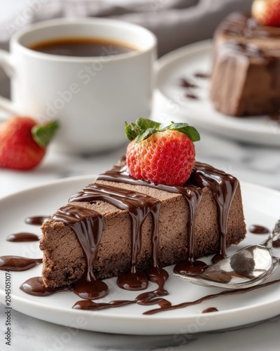 Chocolate Cake Slice with Strawberry and Coffee Highlights
