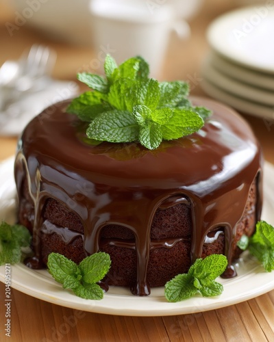 Chocolate Cake with Glossy Frosting and Mint Garnish on Display