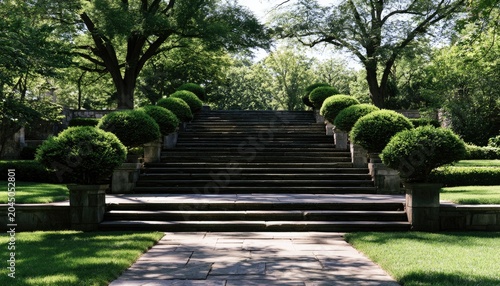Grand stone staircase lined with sculpted green bushes leads upward