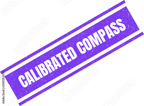 A purple rectangular rubber stamp effect showcasing the text Calibrated Compass written in clean capital letters