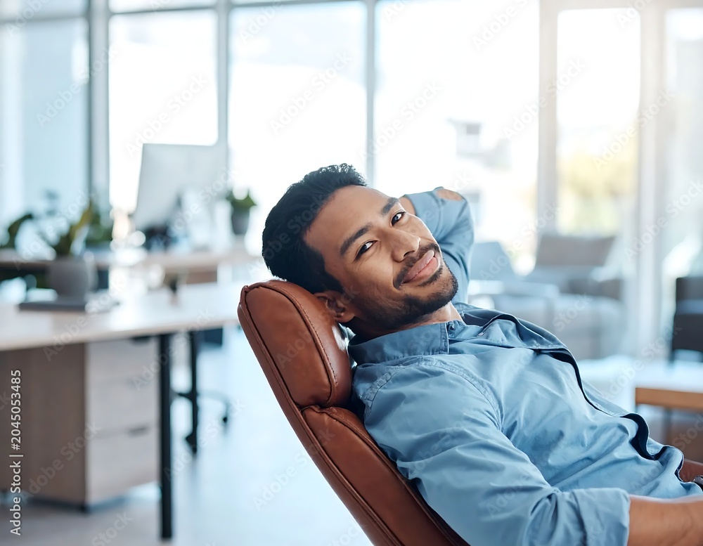 Obraz premium Smiling Young Man Relaxing in Office Chair in Modern Open Workspace