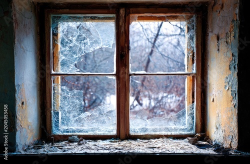 A weathered, broken windowpane reveals a blurred, wintery landscape