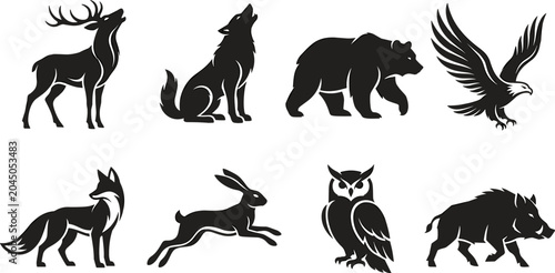 Cuadro en lienzo Wild forest animals black silhouettes set featuring roaring deer howling wolf walking bear eagle fox rabbit owl and wild boar in image_a2d184