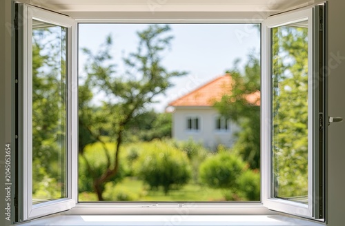 Bright open window reveals a sunlit green garden and a distant dwelling