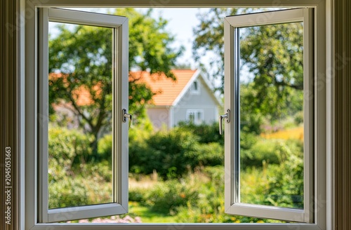 Open window reveals a sunlit garden, vibrant green foliage, and a quaint house