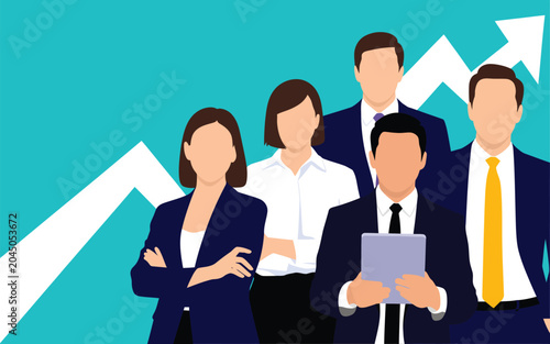 Business team success and growth concept vector illustration with five workers, rising chart line, teamwork collaboration, and corporate achievement strategy