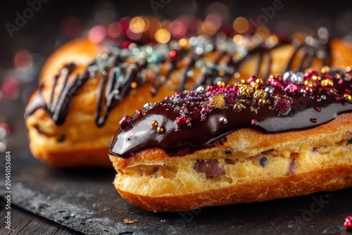 Chocolate Eclairs Topped with Glaze and Colorful Decorations