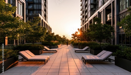 Modern rooftop oasis with lounge chairs bathed in warm sunset light