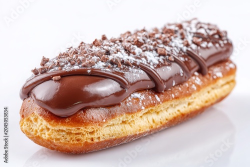 Chocolate Eclair Isolated on White Background with Sweet Toppings