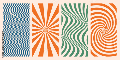 Schilderij op canvas Groovy hippie 70s background vector collection with retro waves, swirl shapes, a