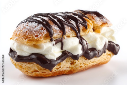 Chocolate Eclair Showcases Cream Filling on White Background