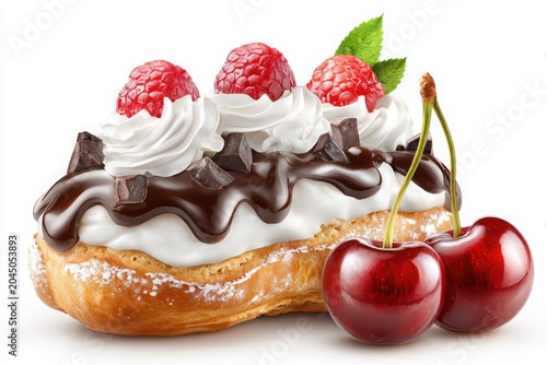 Chocolate Eclair with Cream and Raspberry Garnish Dessert Delight