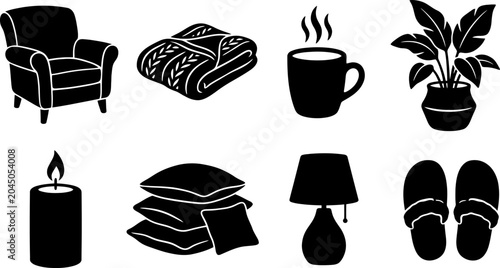 Canvastavla Cozy home comfort black and white icon set with armchair blanket coffee cup plan