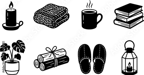 Fotografía Autumnal cozy vibes black and white vector icon set featuring candle blanket cof