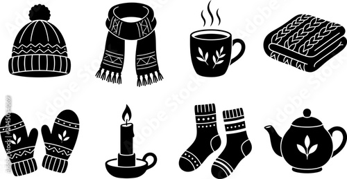 Konstfotografi Winter fashion and warmth black and white icon set with hat scarf coffee blanket