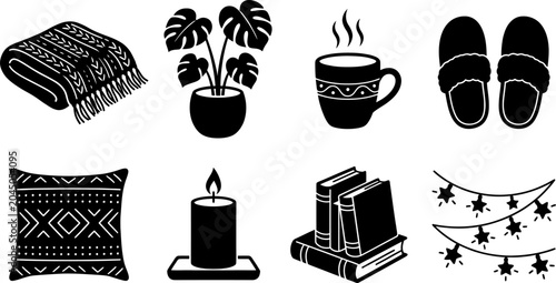 Canvastavla Cozy home interior black and white icon set with blanket plant coffee slippers p