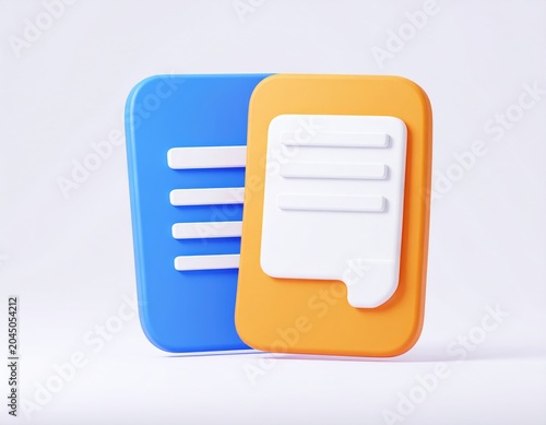 Two abstract 3D icons representing documents, one blue, one orange