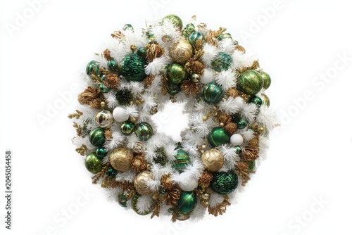 Christmas Wreath Decorated with Ornaments on White Background