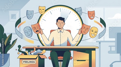 Man holding multiple masks in front of a clock, symbolizing emotional complexity and identity in the workplace