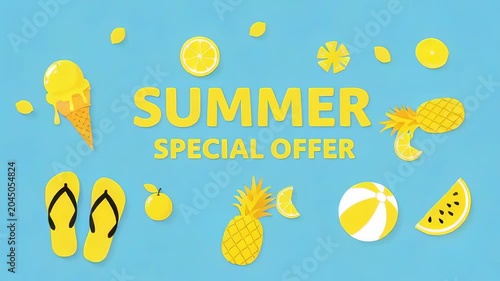 Bright summer special offer with yellow beach icons and tropical fruit on blue background, subtle horizontal pan revealing flipflops, pineapple and ice cream.