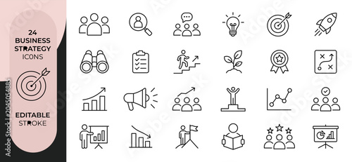 Set of 24 business strategy icons with editable stroke