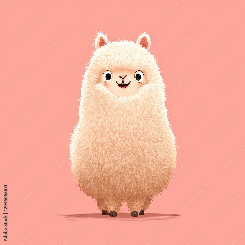 Fototapeta premium Cute alpaca with goofy grin on pastel pink backdrop, humorous illustration