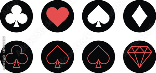 Bild auf Leinwand Playing card, suit icon set, card symbols and casino chips for status hierarchy