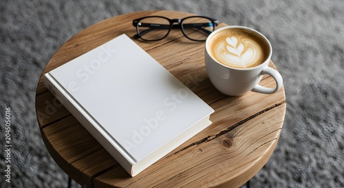Mockup of a book with blank cover on a wooden table with coffee and glasses