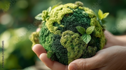 Caring hands cradle a lush moss-covered Earth with fresh leaves for World Environment Day awareness