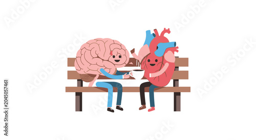 Conceptual Illustration of Human Brain and Heart Sitting Together on a Bench, Representing Balance Between Logic and Emotion